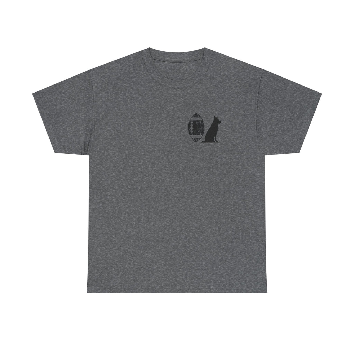 Gray German Shepherd football t-shirt with small chest print, front view