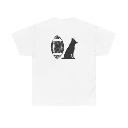 White t-shirt back print with German Shepherd silhouette sitting next to football