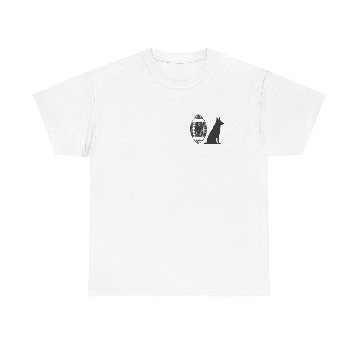 White German Shepherd football t-shirt with small chest print, front view