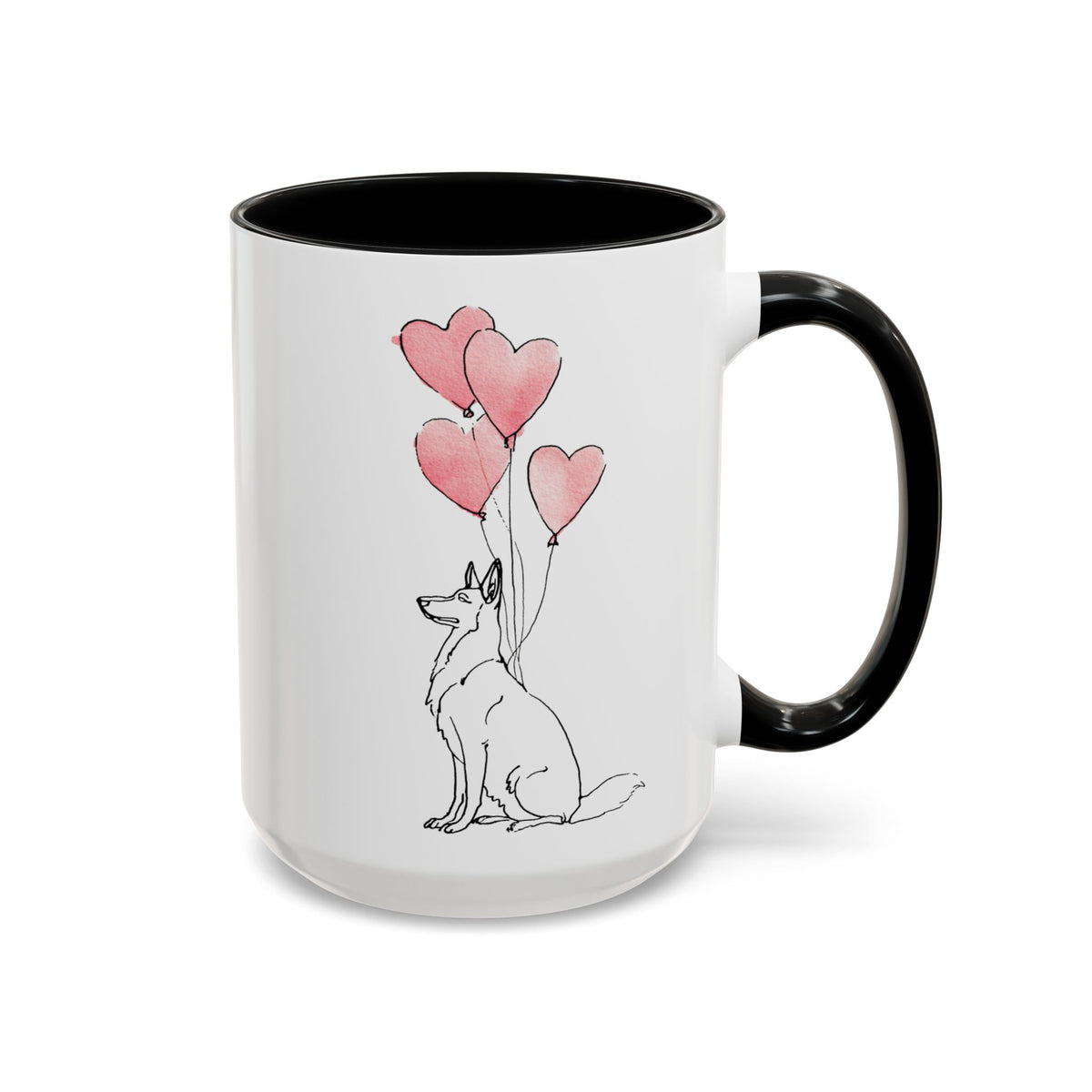 German Shepherd heart balloon coffee mug with pink heart balloons, black inside and handle