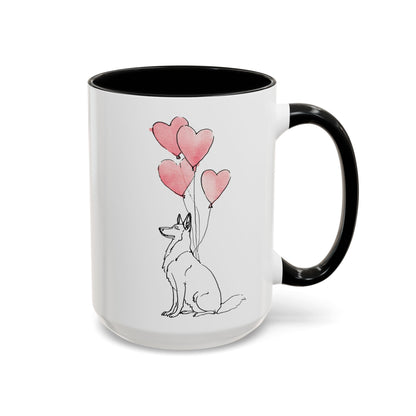 German Shepherd heart balloon coffee mug with pink heart balloons, black inside and handle