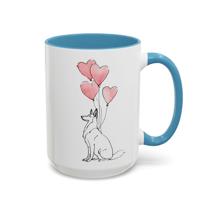 German Shepherd heart balloon mug with pink hearts, light blue inside and handle