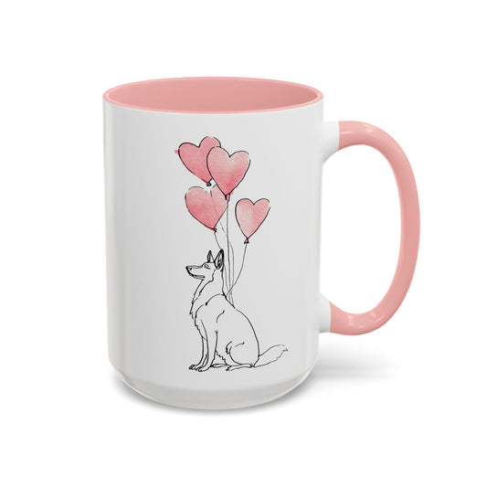 German Shepherd heart balloon mug with sketched dog holding pink heart balloons, pink handle