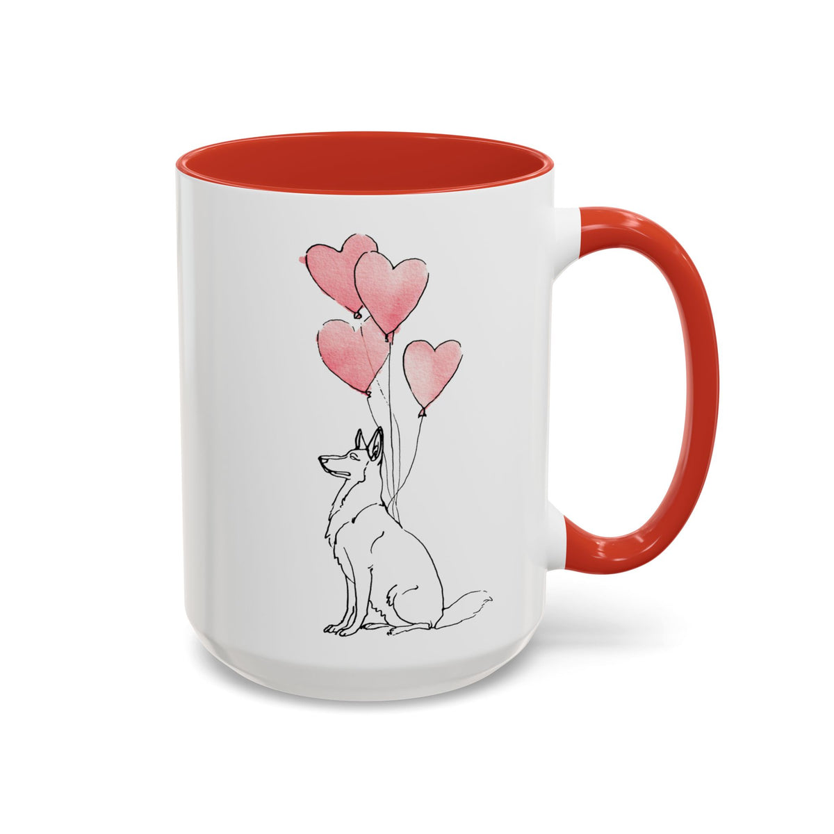 German Shepherd heart balloon mug with sketched dog design, red inside and handle