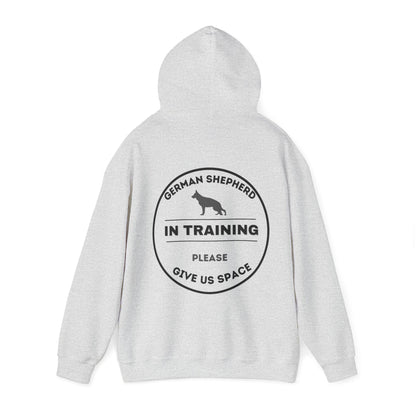 Gray German Shepherd In Training hoodie back view with Please Give Us Space message