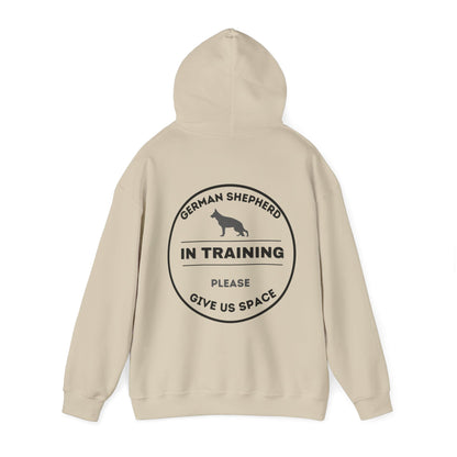 Tan German Shepherd In Training hoodie back view with Please Give Us Space message