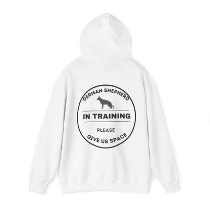 White German Shepherd In Training hoodie back view with Please Give Us Space message