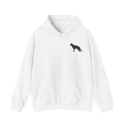 White German Shepherd In Training hoodie front view with Please Give Us Space design