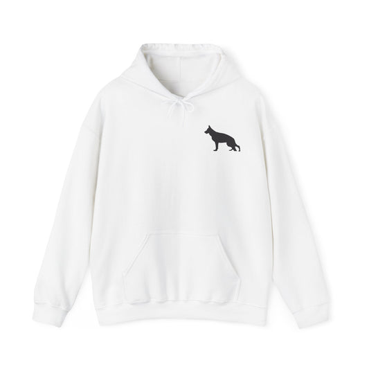 White German Shepherd In Training hoodie front view with Please Give Us Space design