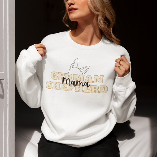 Woman wearing a German Shepherd Mama sweatshirt