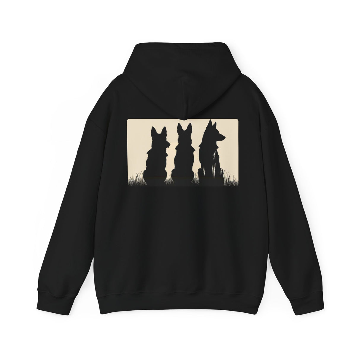 Black German Shepherd Master hoodie with three German Shepherds featured on the back
