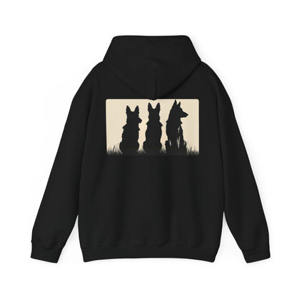Black German Shepherd Master hoodie with three German Shepherds featured on the back