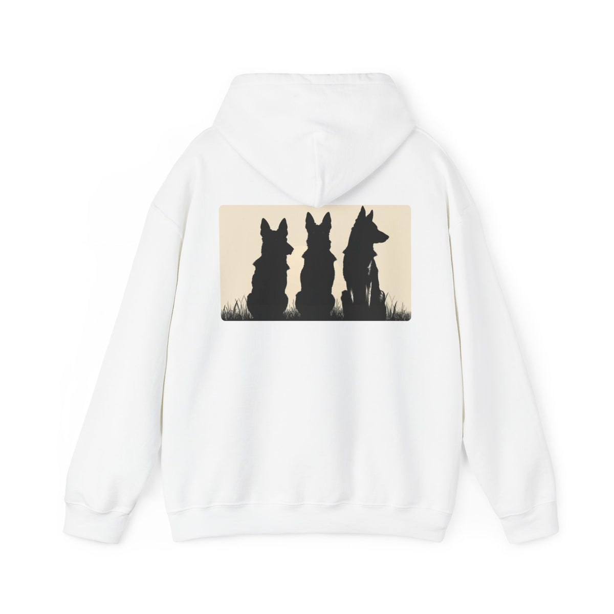 White German Shepherd Master hoodie with three German Shepherds featured on the back