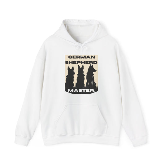 White German Shepherd Master hoodie featuring three German Shepherds on the front