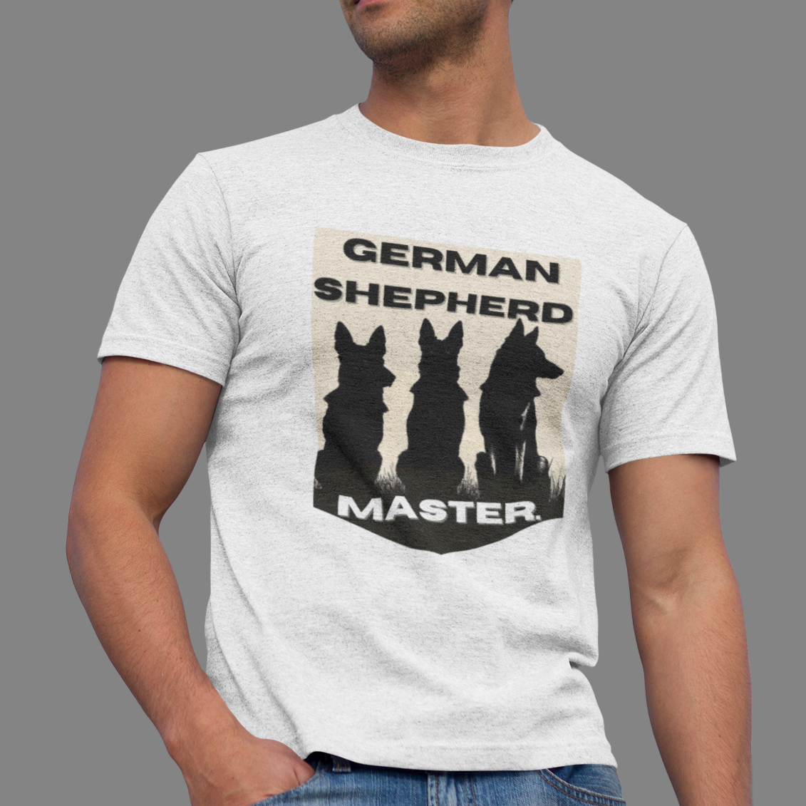 Man wearing white German Shepherd Master t-shirt with three German Shepherd silhouettes