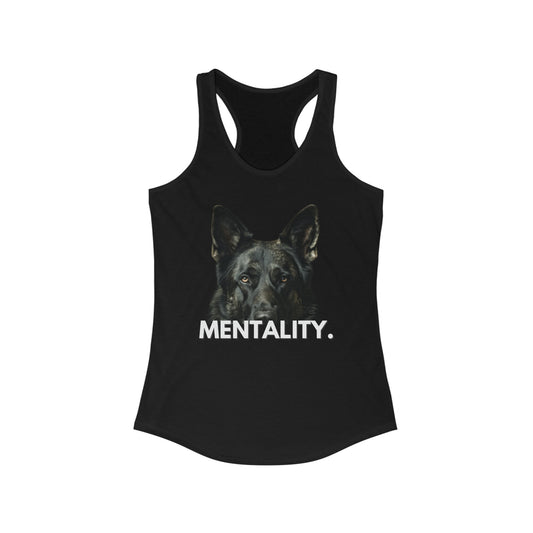 Black women's racerback tank top with German Shepherd Mentality graphic, front view