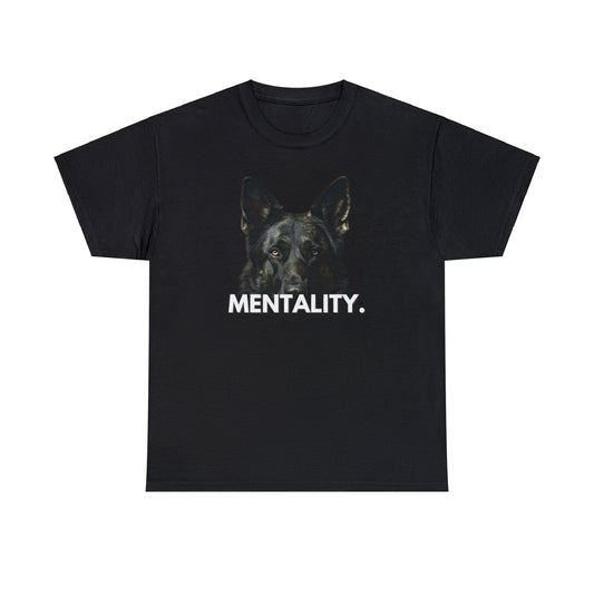 Black men's German Shepherd Mentality t-shirt with dog graphic, front on white background