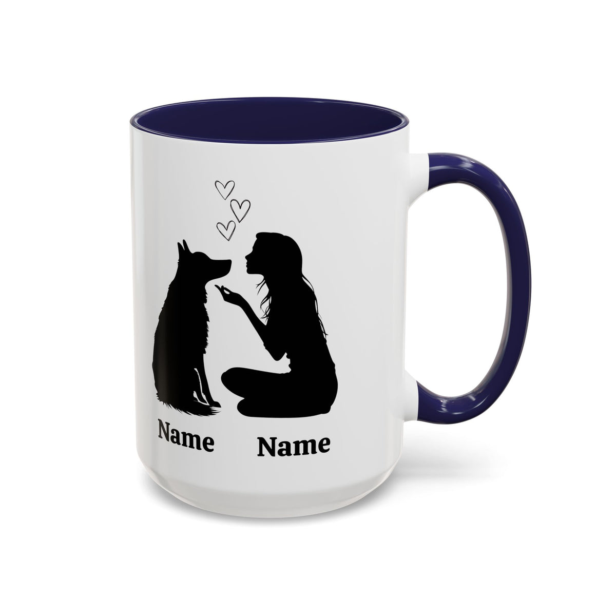 German Shepherd mom custom mug with one dog silhouette and names, black inside and handle 15 oz