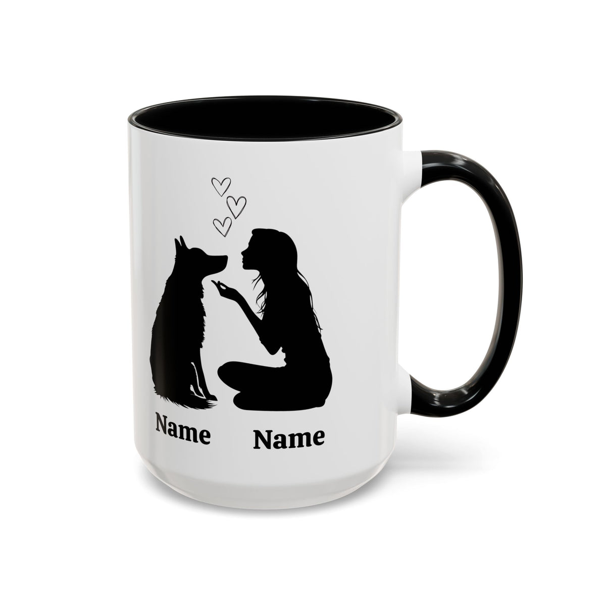 German Shepherd mom custom mug with one dog silhouette and names, black inside and handle 15 oz