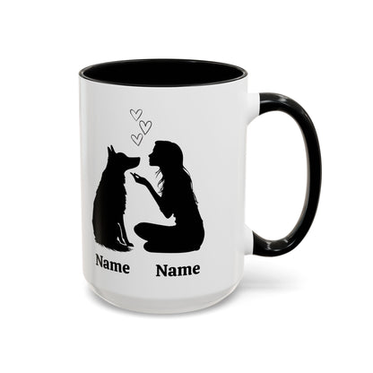 German Shepherd mom custom mug with one dog silhouette and names, black inside and handle 15 oz