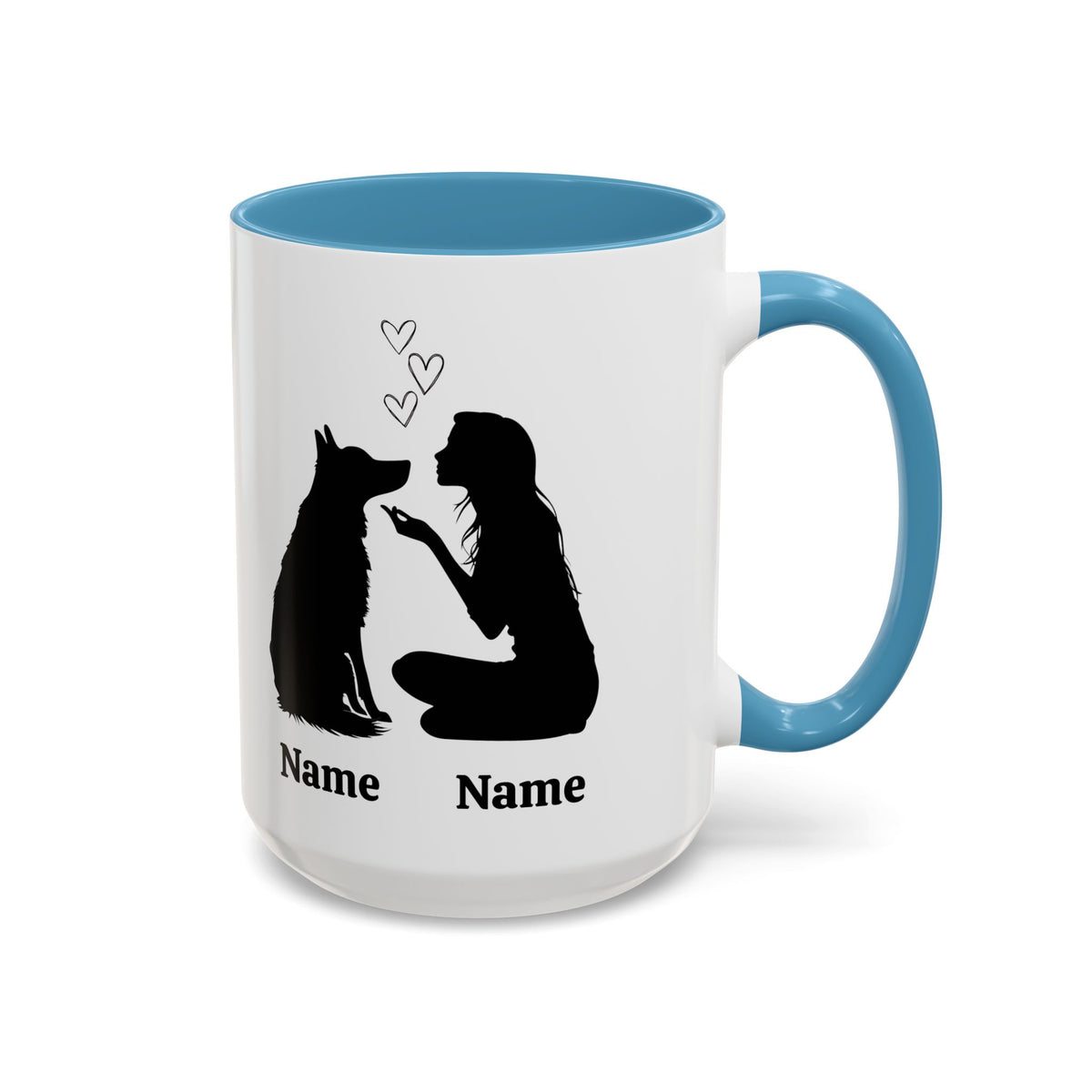 Personalized German Shepherd mom mug with one dog silhouette, light blue inside and handle