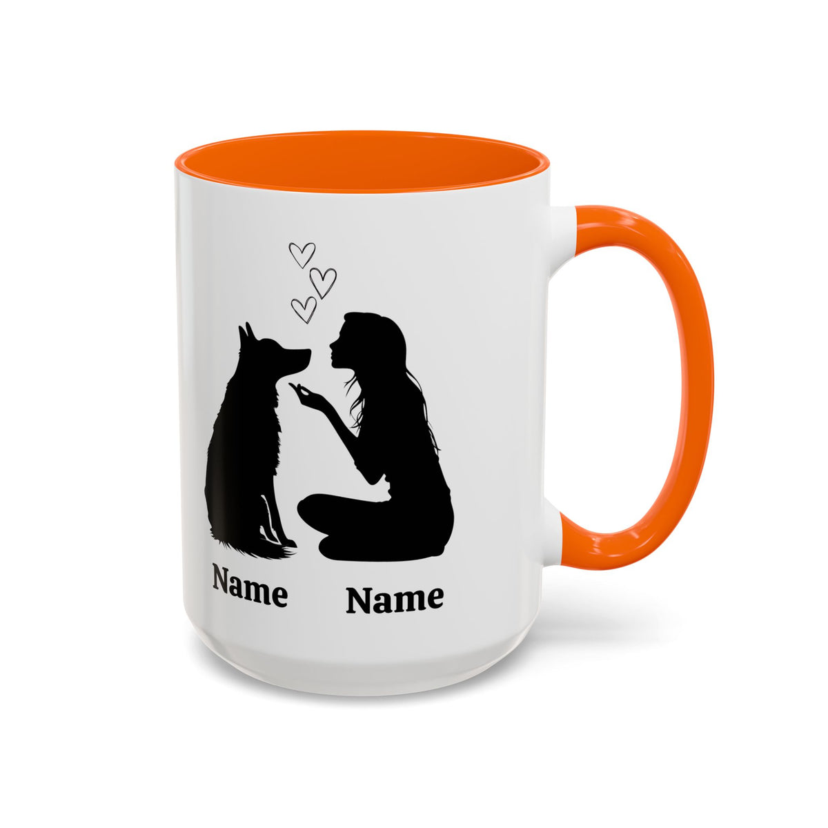German Shepherd mom custom mug with dog and owner names, orange inside and handle, 15 oz