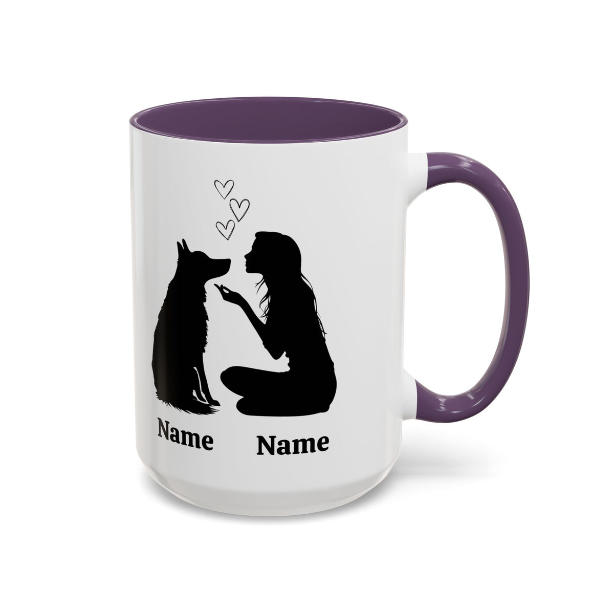 Custom German Shepherd mom mug with one dog silhouette design, purple inside and handle, 15 oz