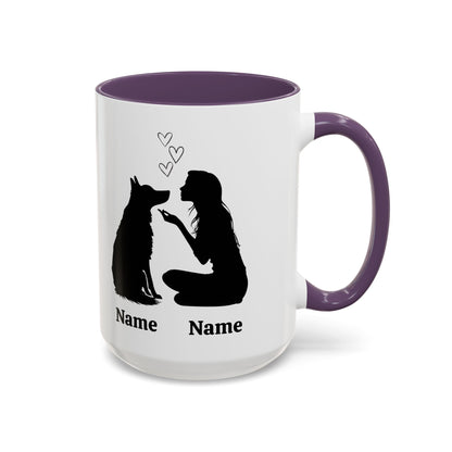 Custom German Shepherd mom mug with one dog silhouette design, purple inside and handle, 15 oz