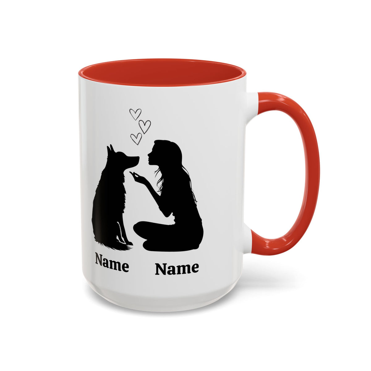 Custom German Shepherd mom coffee mug with dog silhouette and names, red inside and handle, 15 oz