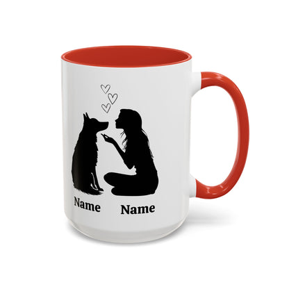 Custom German Shepherd mom coffee mug with dog silhouette and names, red inside and handle, 15 oz