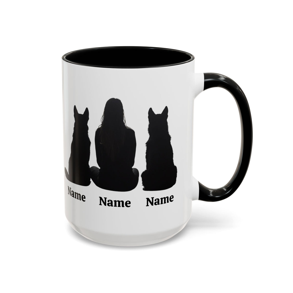 German Shepherd mom custom mug with two dog silhouettes and names, black inside and handle