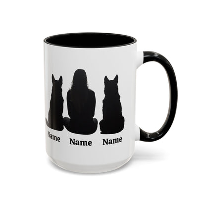 German Shepherd mom custom mug with two dog silhouettes and names, black inside and handle