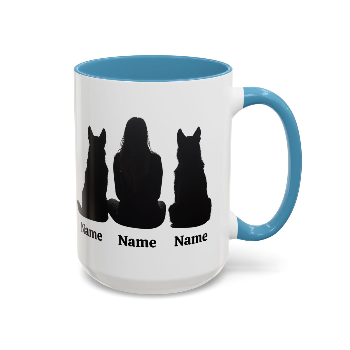 Personalized German Shepherd mom mug with two dog silhouettes, light blue inside and handle