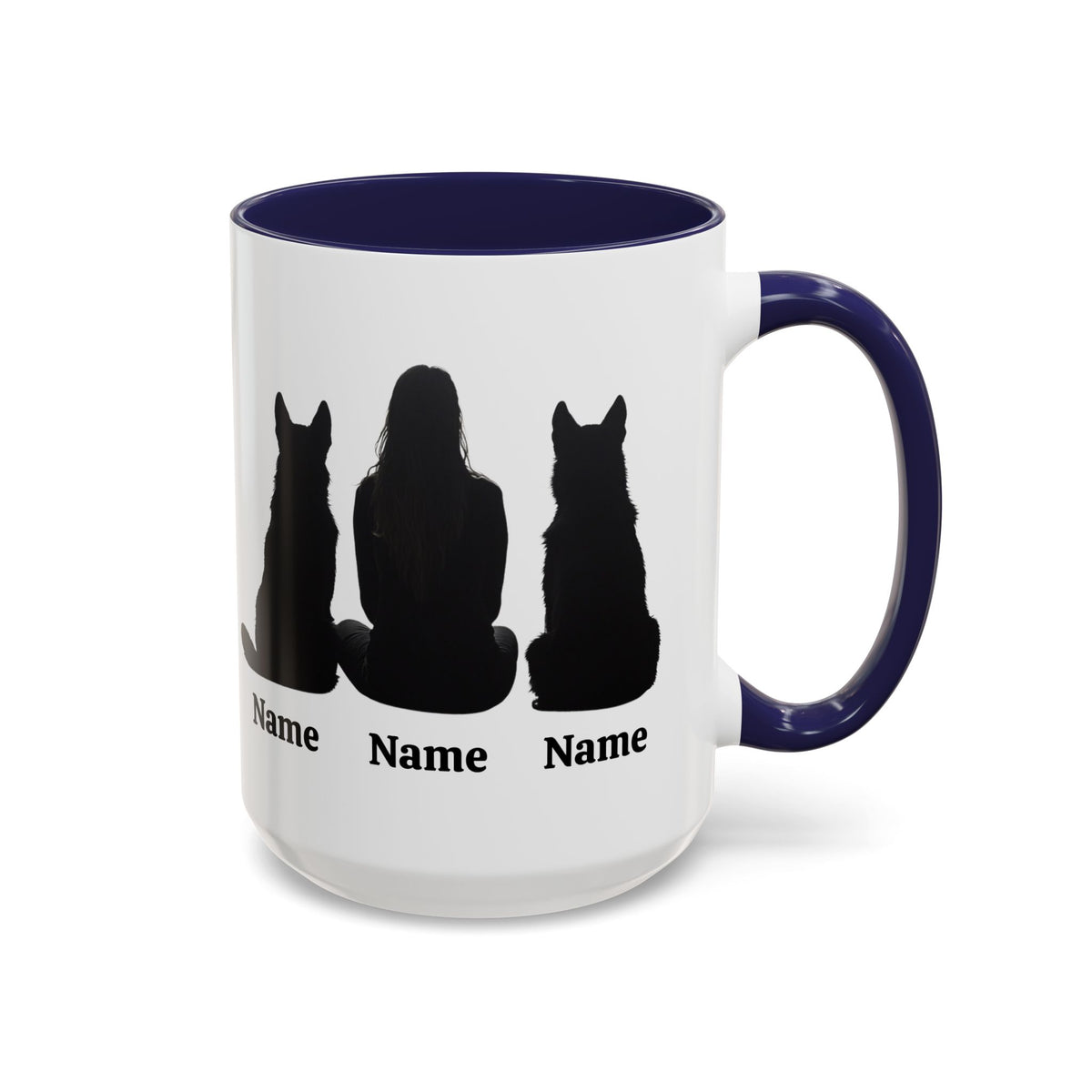 Personalized German Shepherd mom mug with two dogs and owner silhouette, navy inside and handle