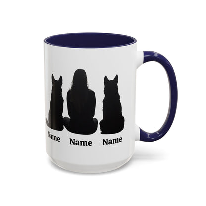 Personalized German Shepherd mom mug with two dogs and owner silhouette, navy inside and handle