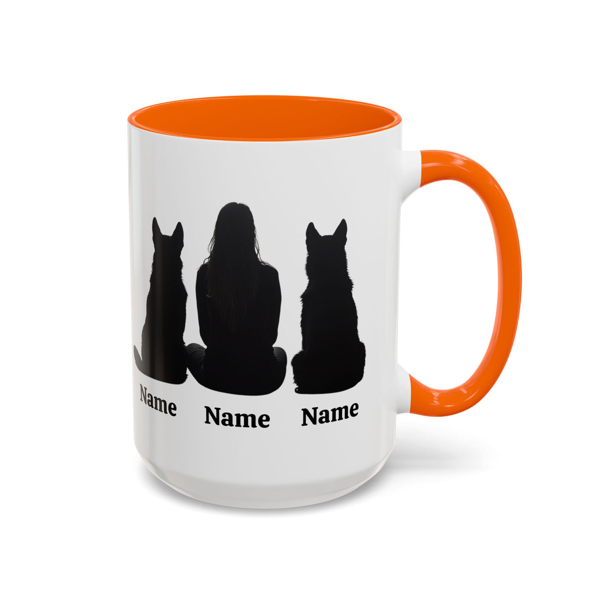 German Shepherd mom custom mug with two dogs and owner names, orange inside and handle