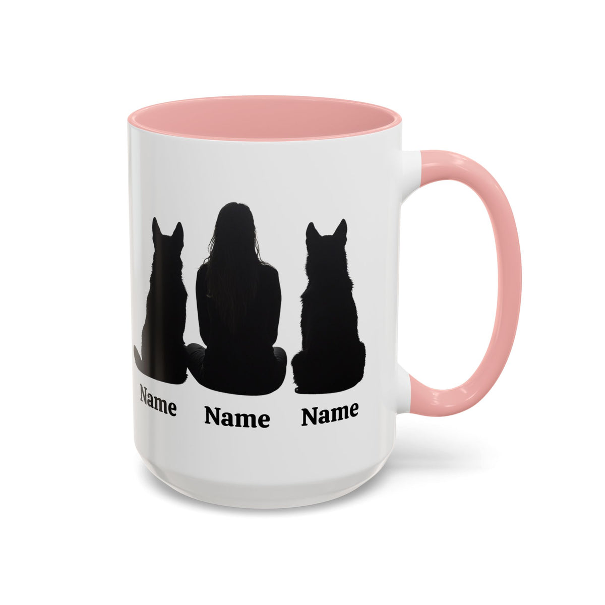 German Shepherd mom custom name mug with two dog design, pink inside and handle