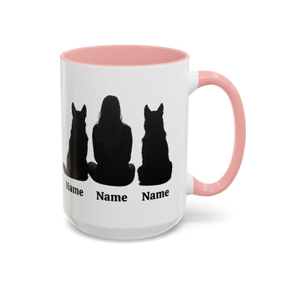 German Shepherd mom custom name mug with two dog design, pink inside and handle
