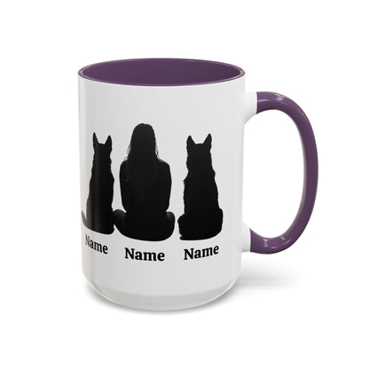 Custom German Shepherd mom mug with two dog silhouette design, purple inside and handle