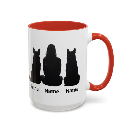 Custom German Shepherd mom coffee mug with two dog silhouettes and names, red inside and handle