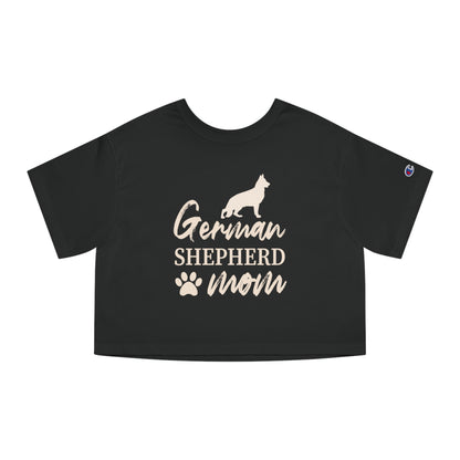 Black German Shepherd Mom women's crop top with dog silhouette and paw print, front view