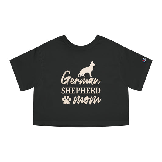 Black German Shepherd Mom women's crop top with dog silhouette and paw print, front view