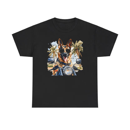 Black German Shepherd Motorcycle t-shirt, cool dog in sunglasses summer ride design