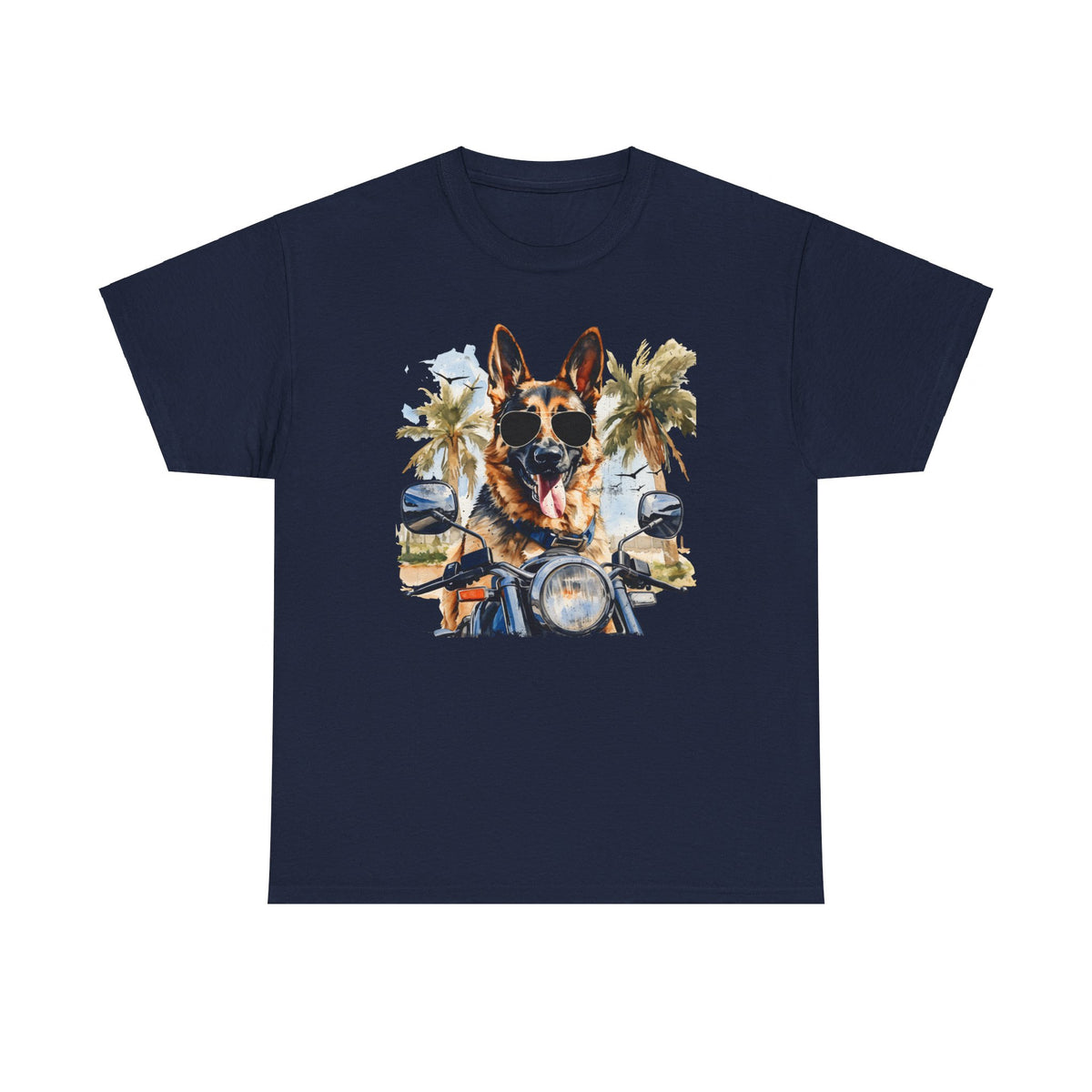 Navy Summer Ride t-shirt with German Shepherd biker and palm tree graphic
