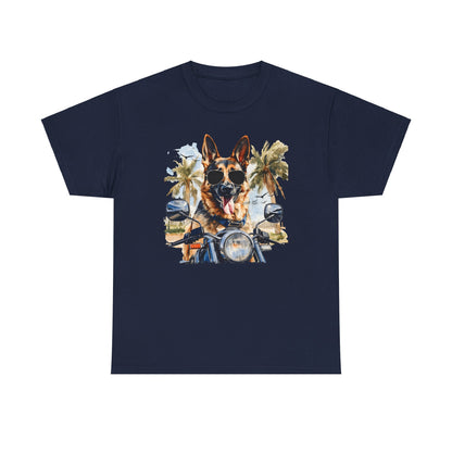 Navy Summer Ride t-shirt with German Shepherd biker and palm tree graphic