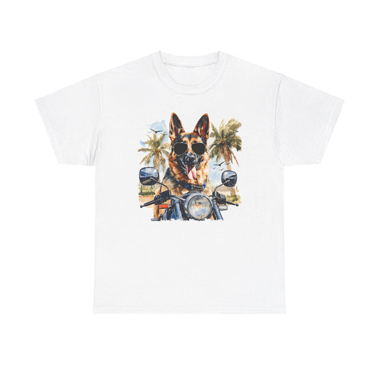 White t-shirt with German Shepherd in sunglasses riding motorcycle under palm trees