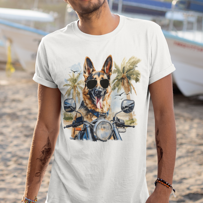 Man wearing white German Shepherd Motorcycle t-shirt at the beach, dog in sunglasses on bike