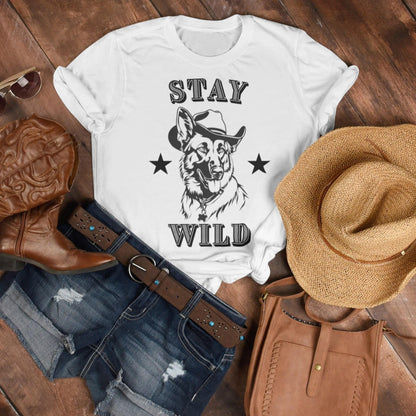 White Stay Wild cowboy German Shepherd t-shirt styled with cowboy hat, boots and jeans
