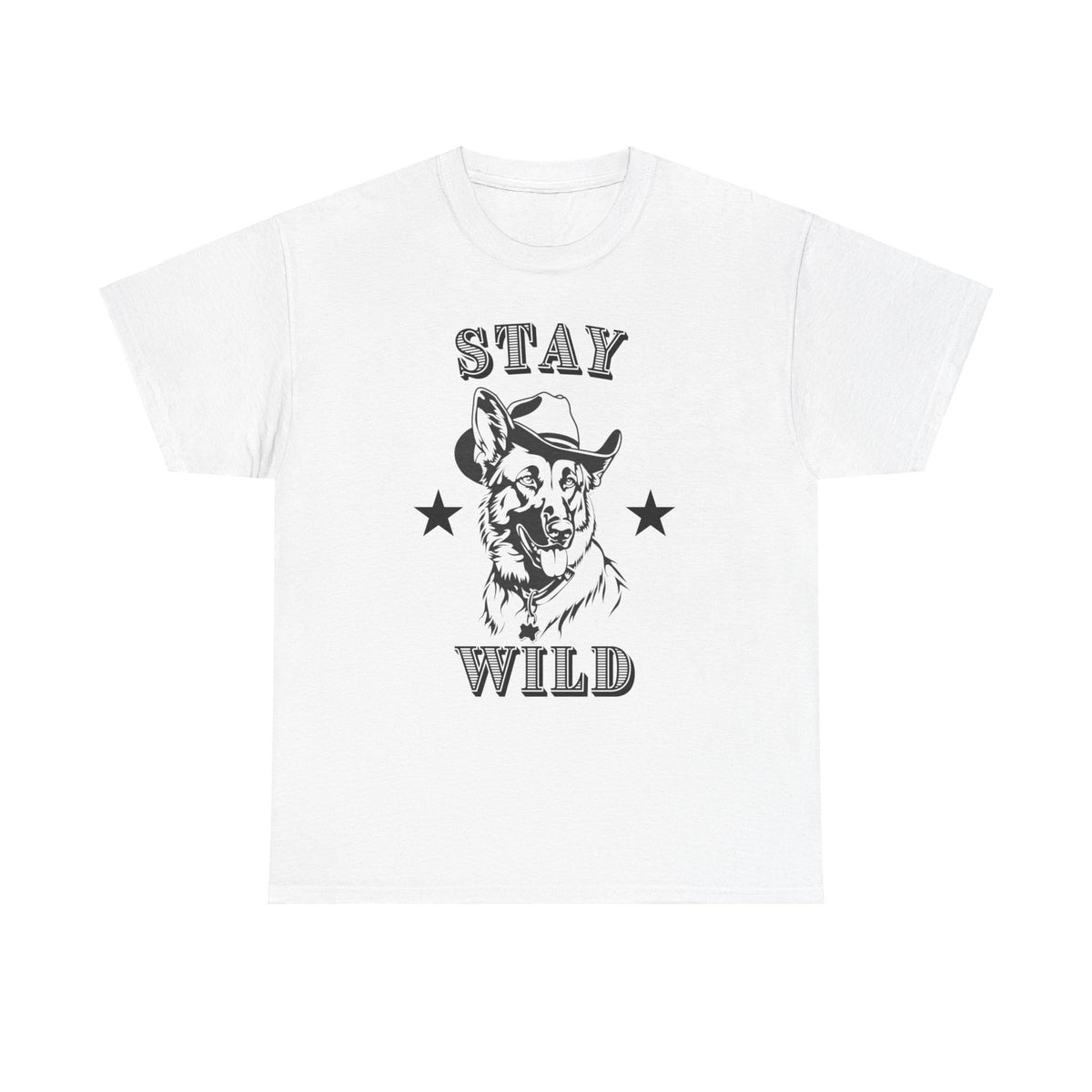 White t-shirt with German Shepherd in cowboy hat and bandana, Stay Wild western design