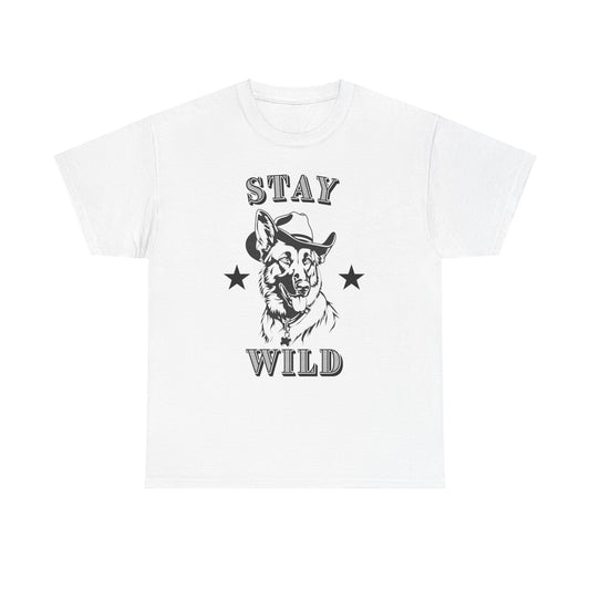 White t-shirt with German Shepherd in cowboy hat and bandana, Stay Wild western design